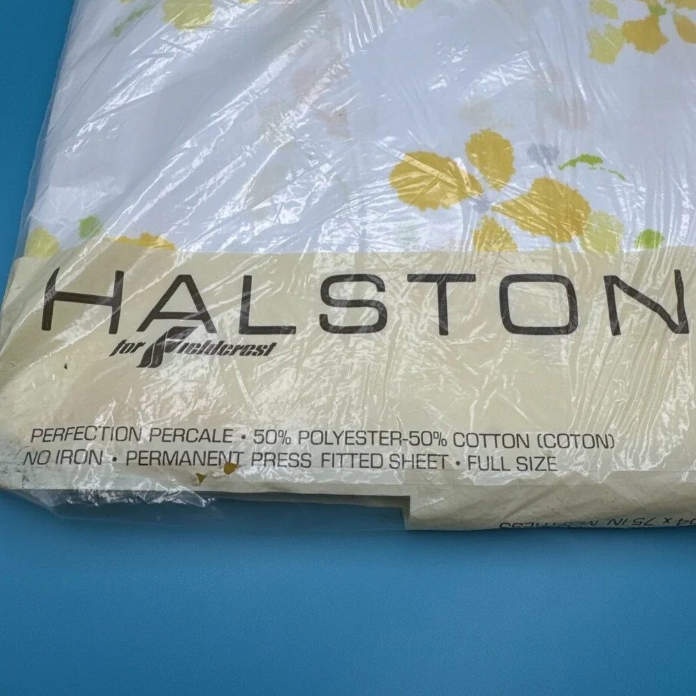 Vintage 1970s 70s FULL Fitted Sheet Fieldcrest Halston's Flower Fieldcrest New‎